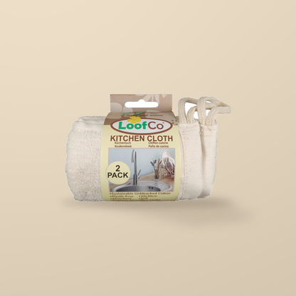 LoofCo Kitchen Cloths – 2 Pack — original product packaging on warm beige background