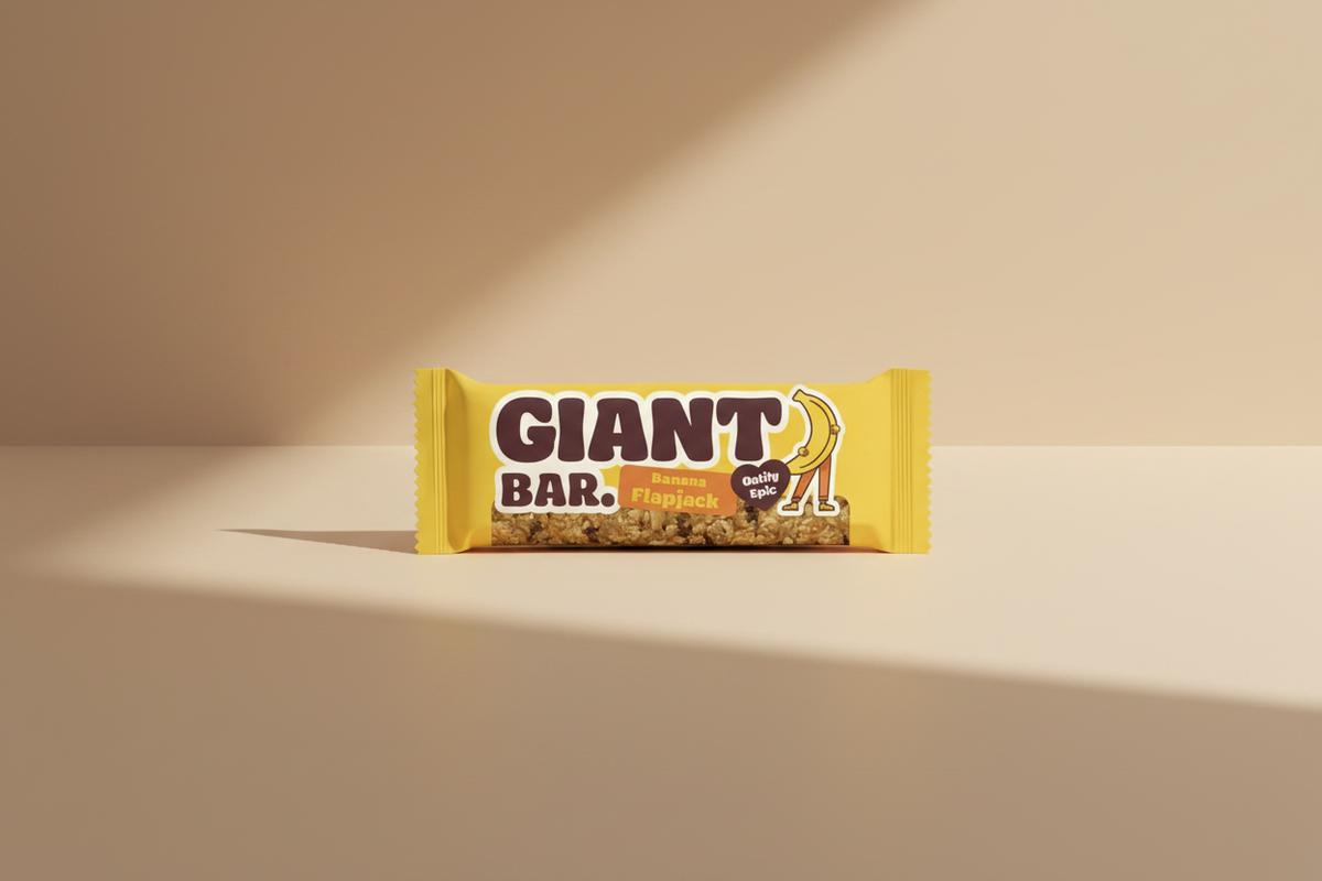A packaged Giant Bar banana flapjack snack bar on a plain white background. The wrapper is bright yellow with large dark brown 'GIANT BAR' text, a small orange 'Banana Flapjack' label, a cartoon banana character, and a heart-shaped badge that reads 'Oatly Epic'.
