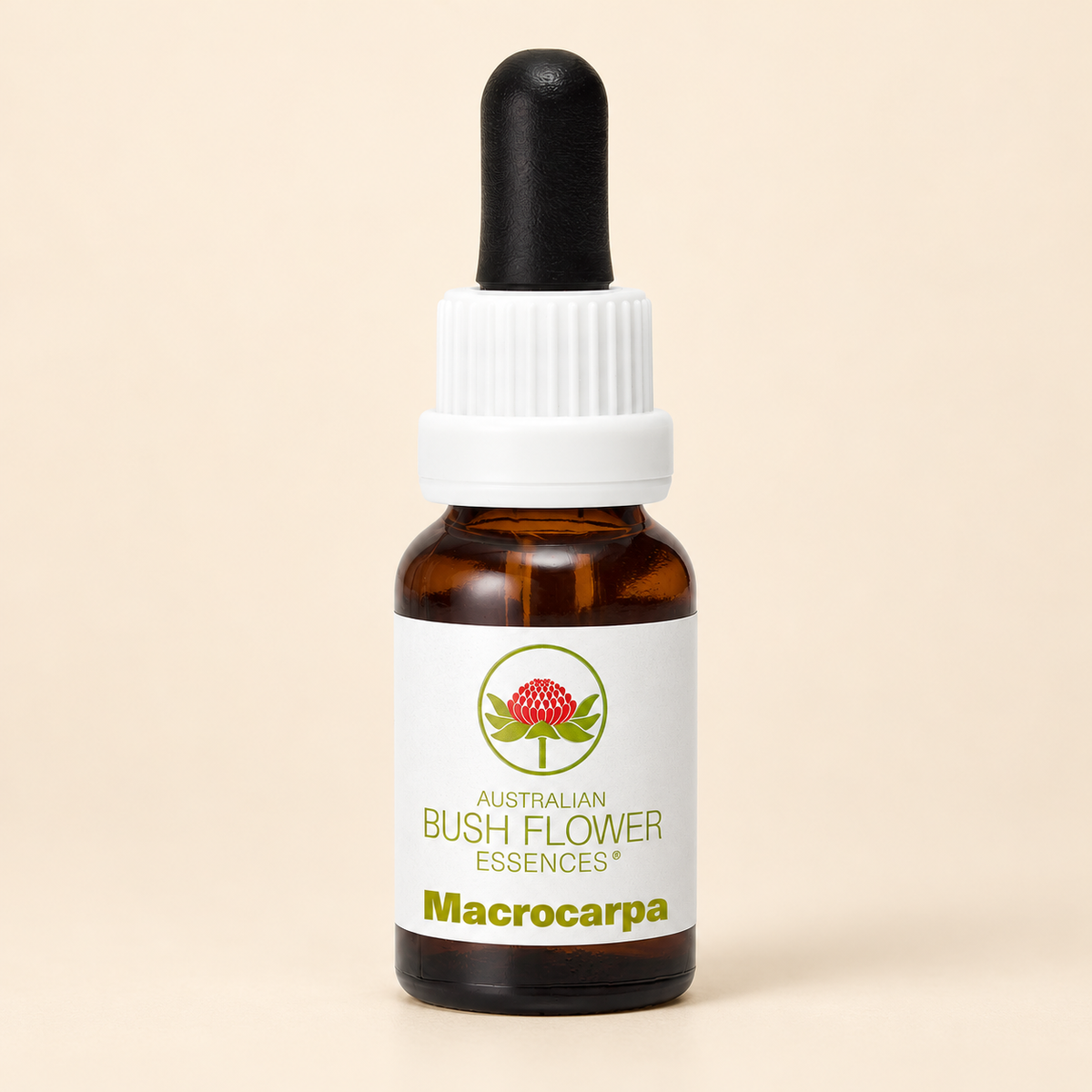 Australian Bush Flower macrocarpa 15ml bottle on a warm beige background