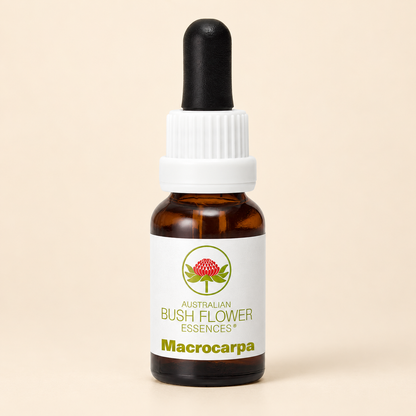 Australian Bush Flower macrocarpa 15ml bottle on a warm beige background