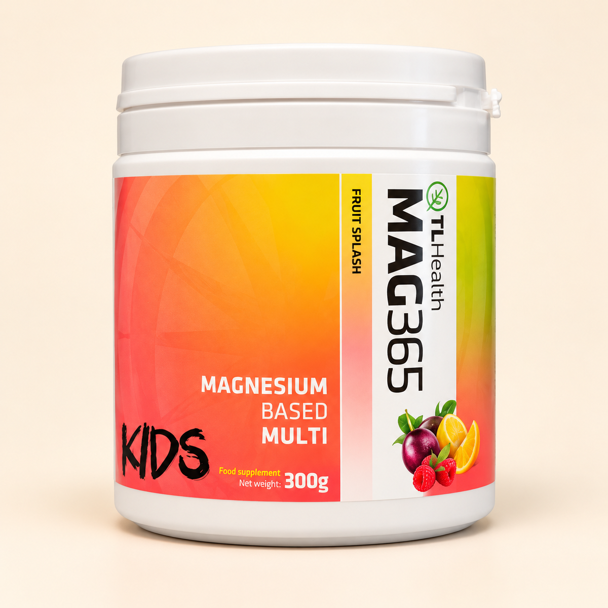 MAG365 Kids Magnesium Multi – Fruit Splash – 300g — current product packaging on a warm cream background