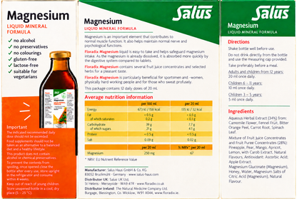 Salus Magnesium Liquid Mineral – 250ml — complete readable product label