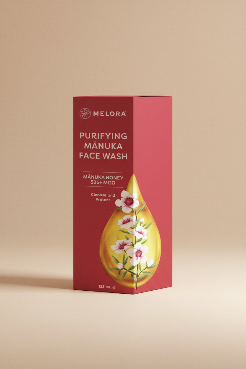 Melora Purifying Manuka Face Wash packaging with red background and floral design.