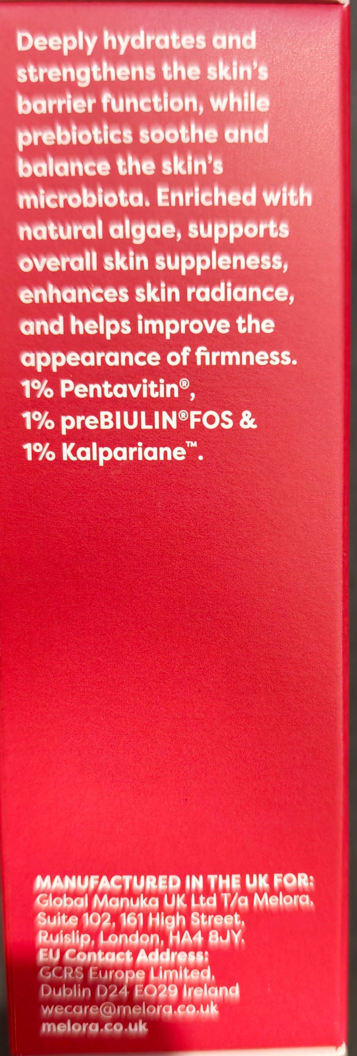 Red product box with white text on a dark background