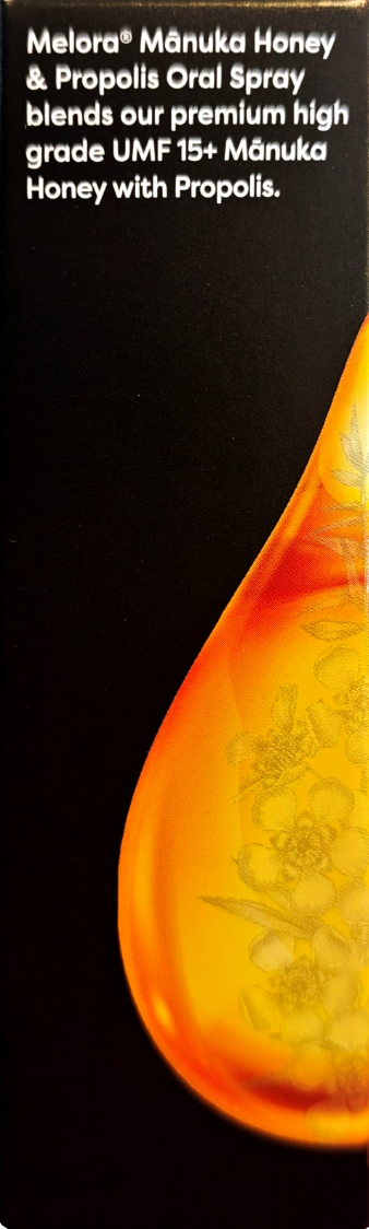 A close-up of a honeycomb-patterned glass container filled with bright golden honey, set against a black background with white text reading 'Melora™ Mánuka Honey & Propolis Oral Spray blends our premium high grade UMF 15+ Mánuka Honey with Propolis.'.
