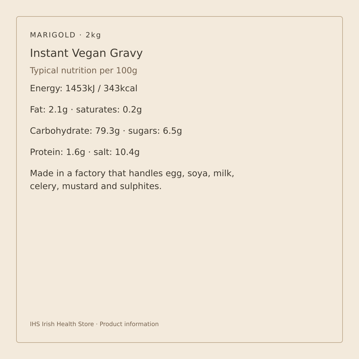 Marigold Instant Vegan Gravy – Gluten Free 2kg – nutrition per 100g and allergen information