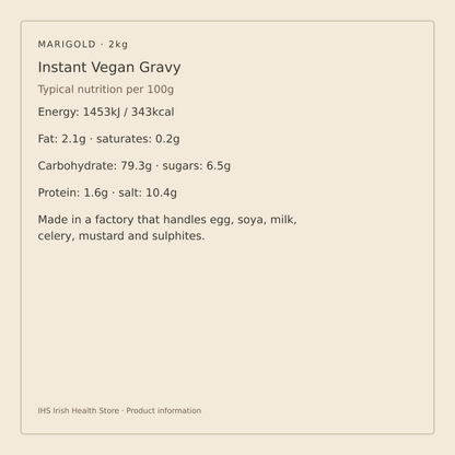 Marigold Instant Vegan Gravy – Gluten Free 2kg – nutrition per 100g and allergen information