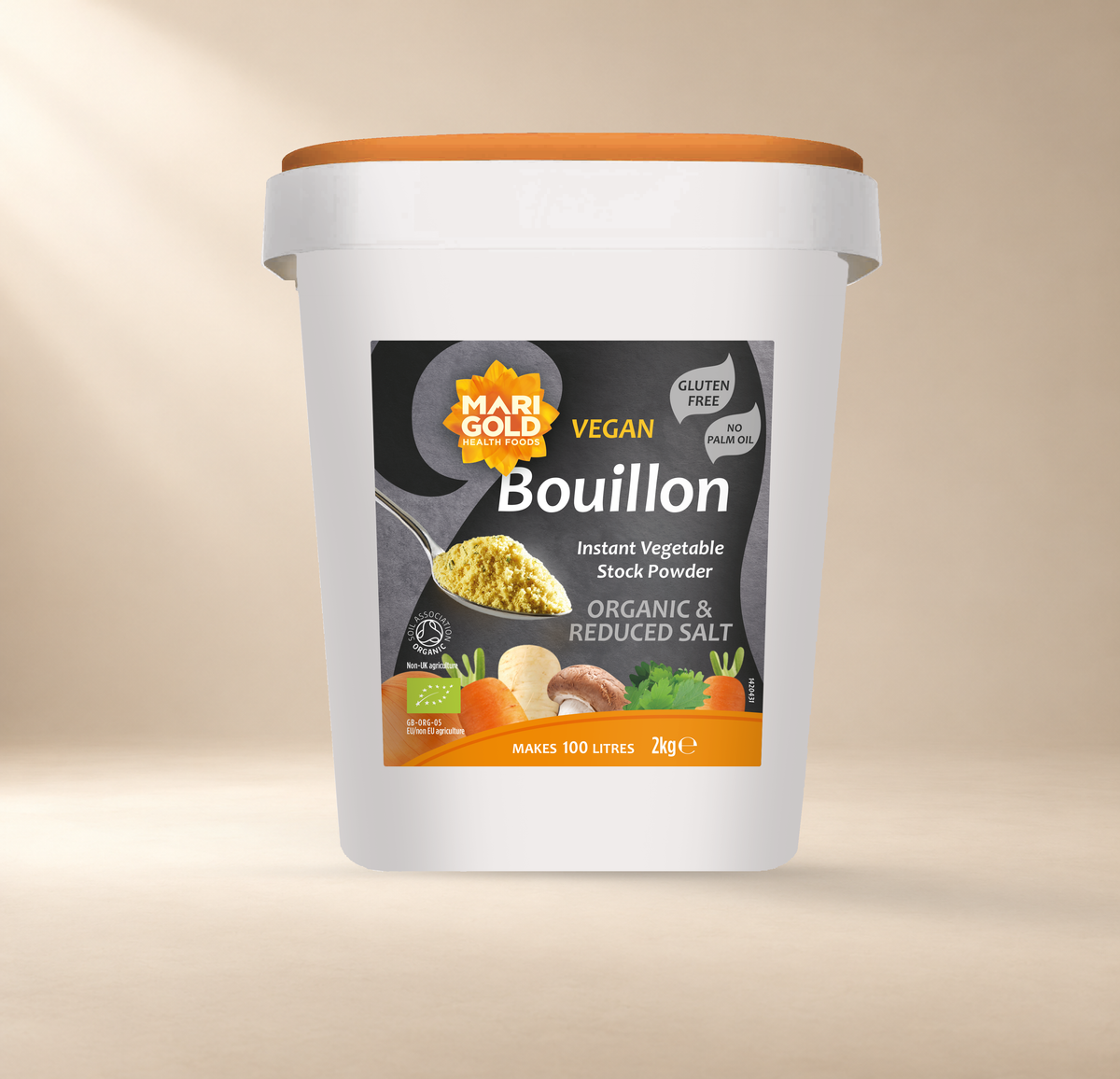 Marigold Organic Reduced Salt Vegan Vegetable Bouillon Powder – 2kg – front of authentic 2kg tub on warm cream background