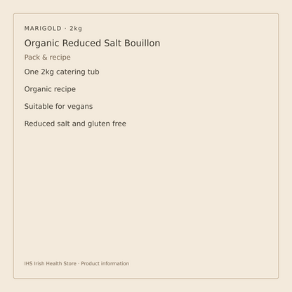 Marigold Organic Reduced Salt Vegan Vegetable Bouillon Powder – 2kg – pack size and recipe information