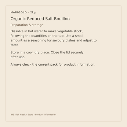 Marigold Organic Reduced Salt Vegan Vegetable Bouillon Powder – 2kg – preparation and storage information