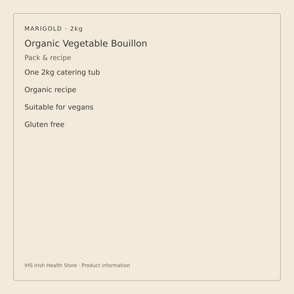 Marigold Organic Vegan Vegetable Bouillon Powder – 2kg – pack size and recipe information