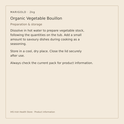 Marigold Organic Vegan Vegetable Bouillon Powder – 2kg – preparation and storage information