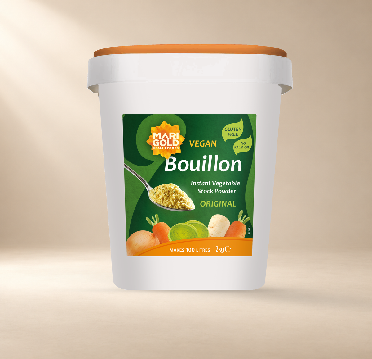 Marigold Original Vegan Vegetable Bouillon Powder – 2kg – front of authentic 2kg tub on warm cream background