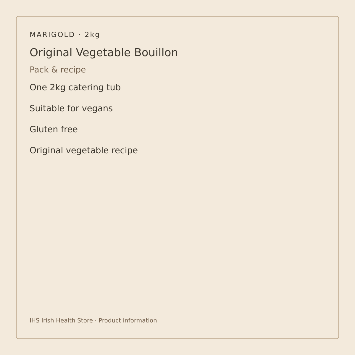 Marigold Original Vegan Vegetable Bouillon Powder – 2kg – pack size and recipe information