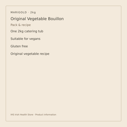 Marigold Original Vegan Vegetable Bouillon Powder – 2kg – pack size and recipe information