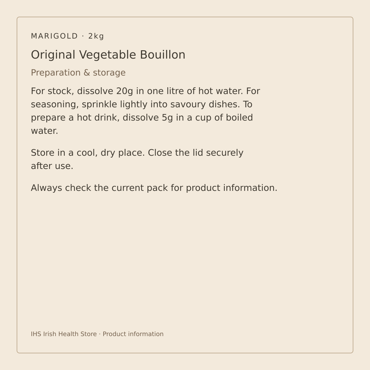 Marigold Original Vegan Vegetable Bouillon Powder – 2kg – preparation and storage information