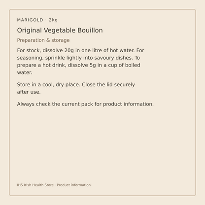 Marigold Original Vegan Vegetable Bouillon Powder – 2kg – preparation and storage information