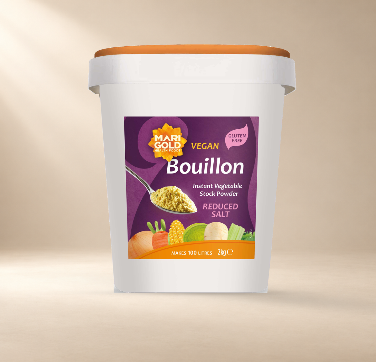 Marigold Reduced Salt Vegan Vegetable Bouillon Powder – 2kg – front of authentic 2kg tub on warm cream background