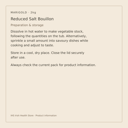 Marigold Reduced Salt Vegan Vegetable Bouillon Powder – 2kg – preparation and storage information