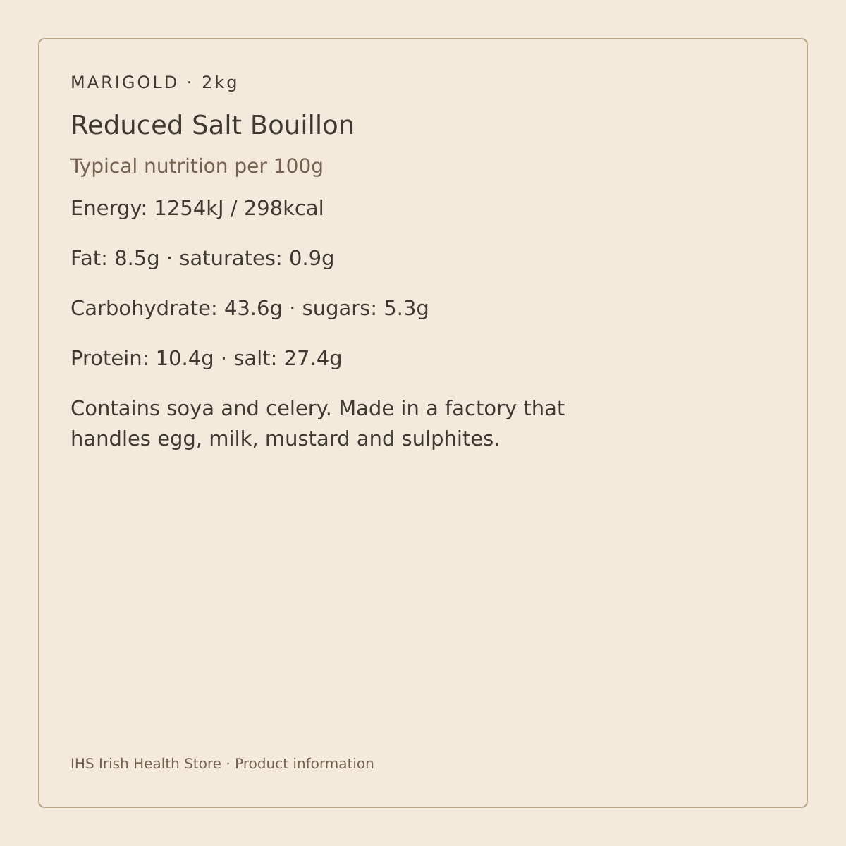 Marigold Reduced Salt Vegan Vegetable Bouillon Powder – 2kg – nutrition per 100g and allergen information