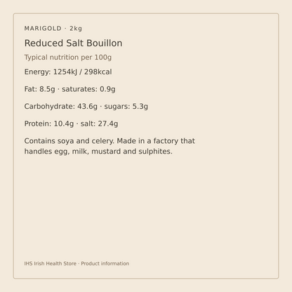 Marigold Reduced Salt Vegan Vegetable Bouillon Powder – 2kg – nutrition per 100g and allergen information