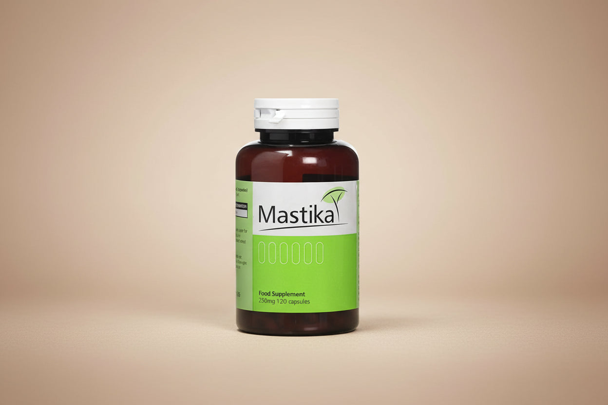Mastika food supplement bottle with green label and white cap.