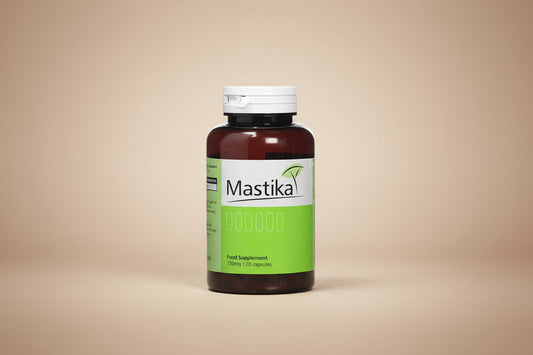 Mastika food supplement bottle with green label and white cap.