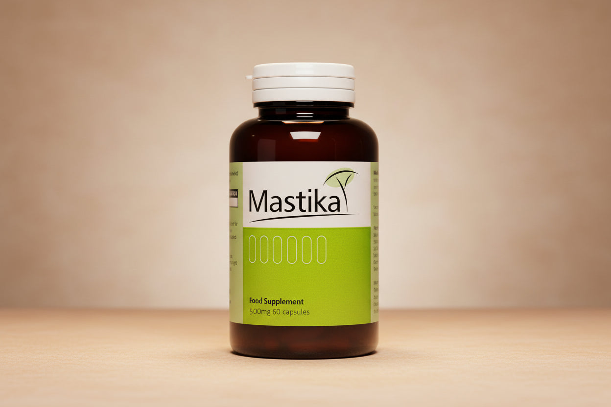 Mastika food supplement bottle with green label on a white background