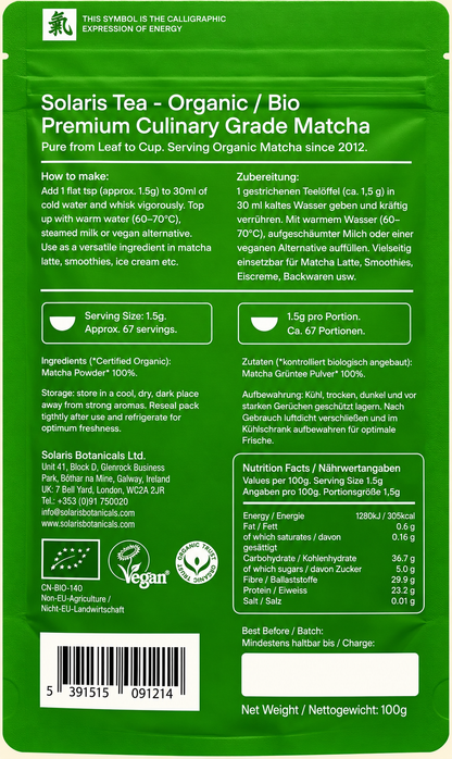 Solaris Organic Matcha Powder – 100g Pure Green Tea (High-Grade Culinary Matcha) — complete readable product label