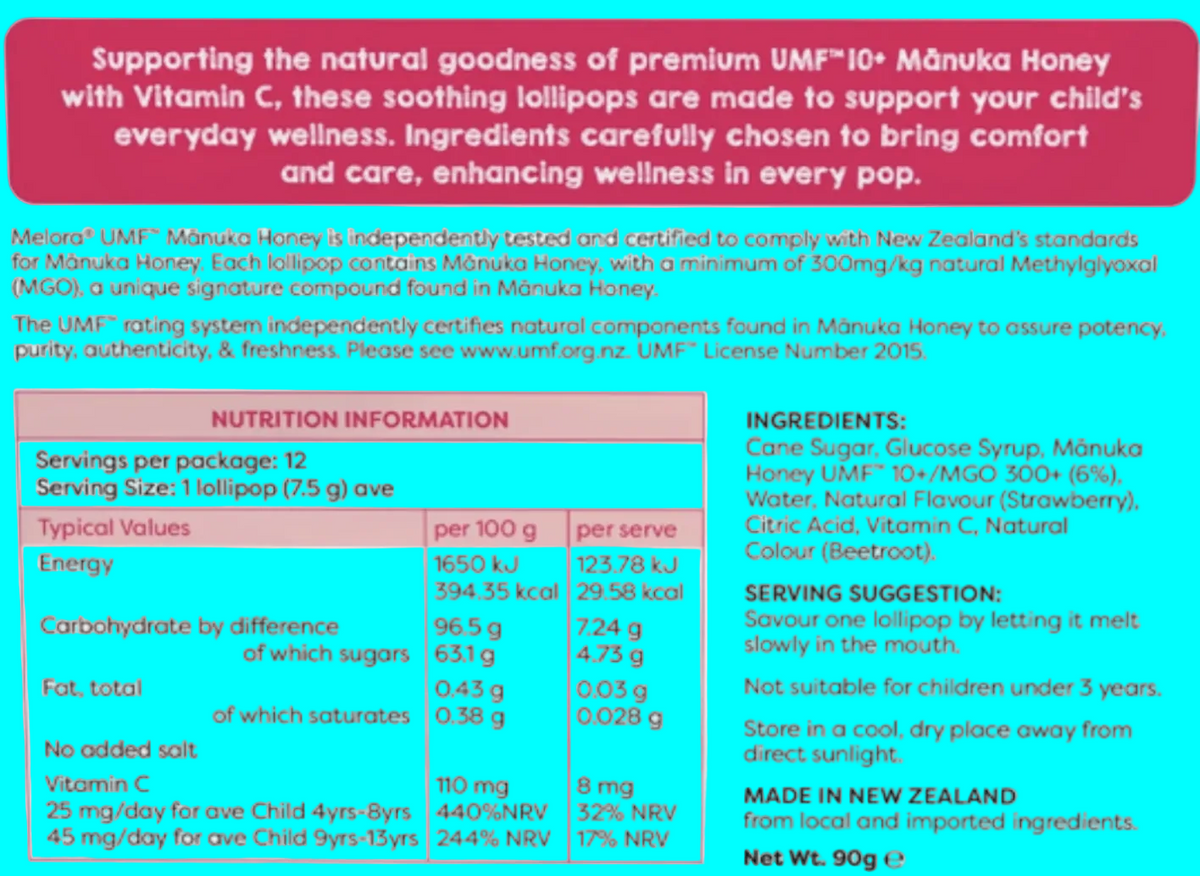 A product information card for Meiora UMF–10 Môhôna Honey lollipops, showing a pink header with product benefits, nutrition facts per 100 g and per serve, serving suggestions, and a blue background with text detailing ingredients and origin.