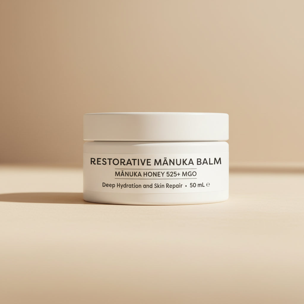White jar of Restorative Manuka Balm on a white background