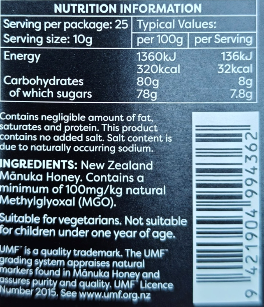 Nutrition label and ingredient information for New Zealand Manuka Honey on a blue background.