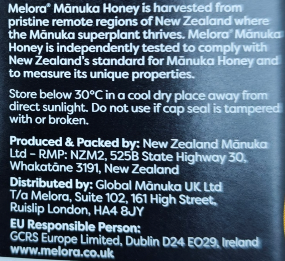 Text on a blue background describing Melora Manuka Honey, including production details and storage instructions.
