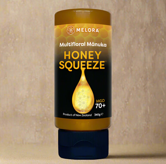 Melora Manuka Honey 70+ MGO Squeeze 330g in a convenient bottle