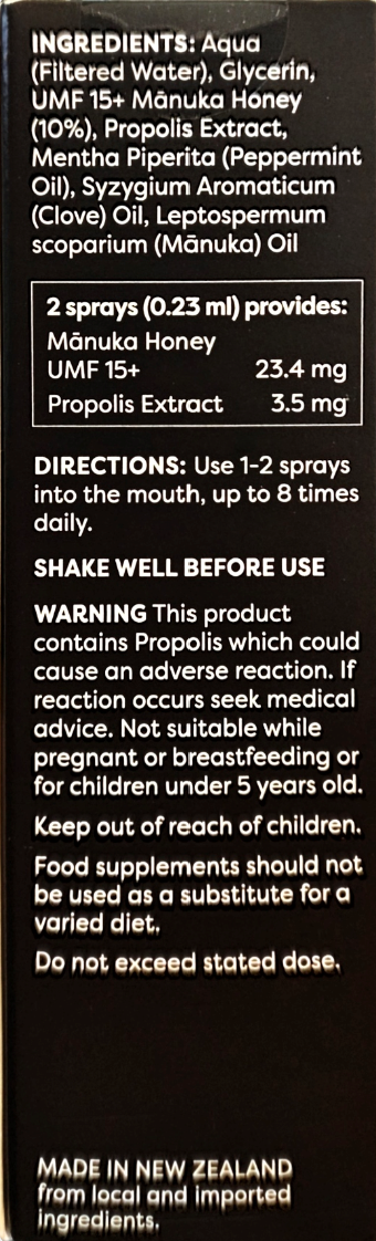 Back of a supplement bottle showing ingredients, directions, warning, and 'Made in New Zealand' text on a black background.