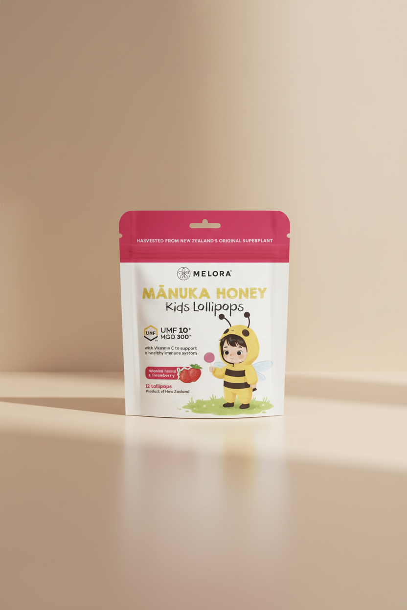 Melora Mânuka Honey Kids Lollipops in a stand-up pouch package. The packaging features a white and pink design with a cartoon bee holding a lollipop and a strawberry graphic indicating the Mânuka Honey & Strawberry flavor.