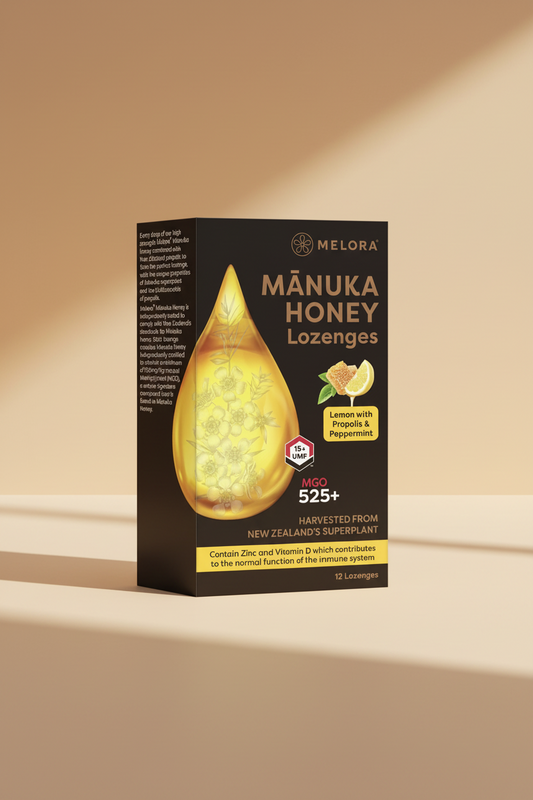 Melora Mánuka Honey Lozenges Lemon with Propolis & Peppermint flavor packaging, featuring a black box with a large golden honey drop graphic and product details.