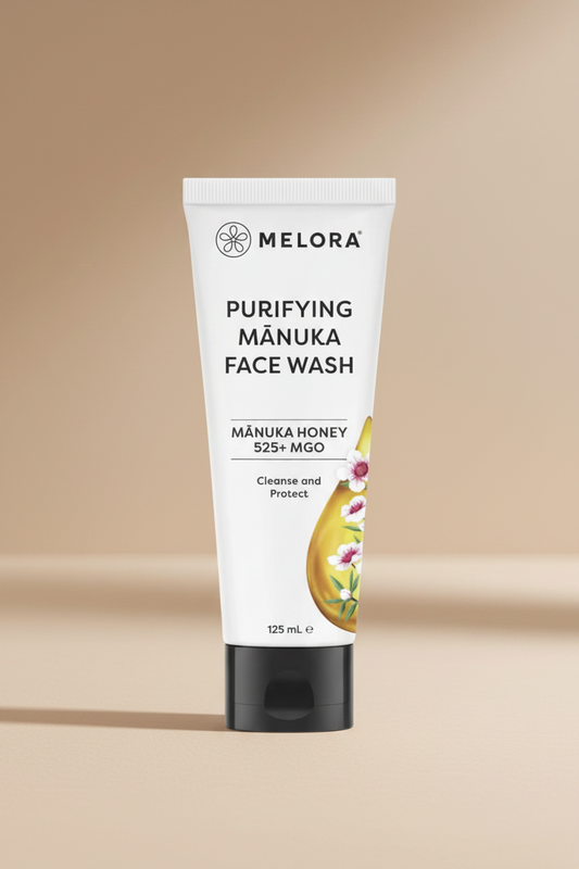 Melora Purifying Manuka Face Wash tube with branding and product details on a white background
