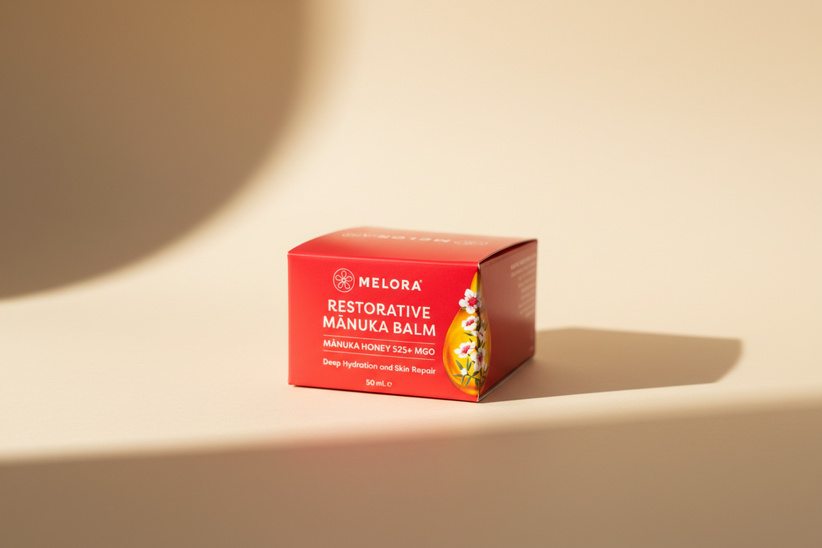 A red Melora Restorative Manuka Balm box placed on a wooden surface, with the brand name MELORA and product name clearly visible on the front.