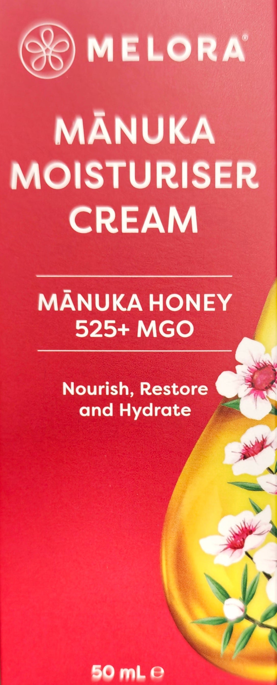 Melora Manuka Honey Moisturizer Cream packaging on a dark surface