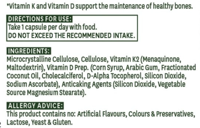 Vitamin supplement label with directions, ingredients, and allergy information.