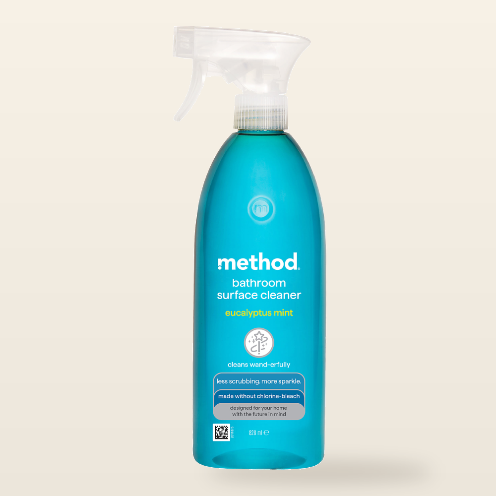 Method Bathroom Cleaner Eucalyptus Mint 828ml — authentic bottle on cream background