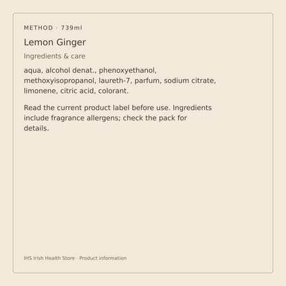 Method Hard Floor Cleaner – Lemon Ginger 739ml – ingredients and care information