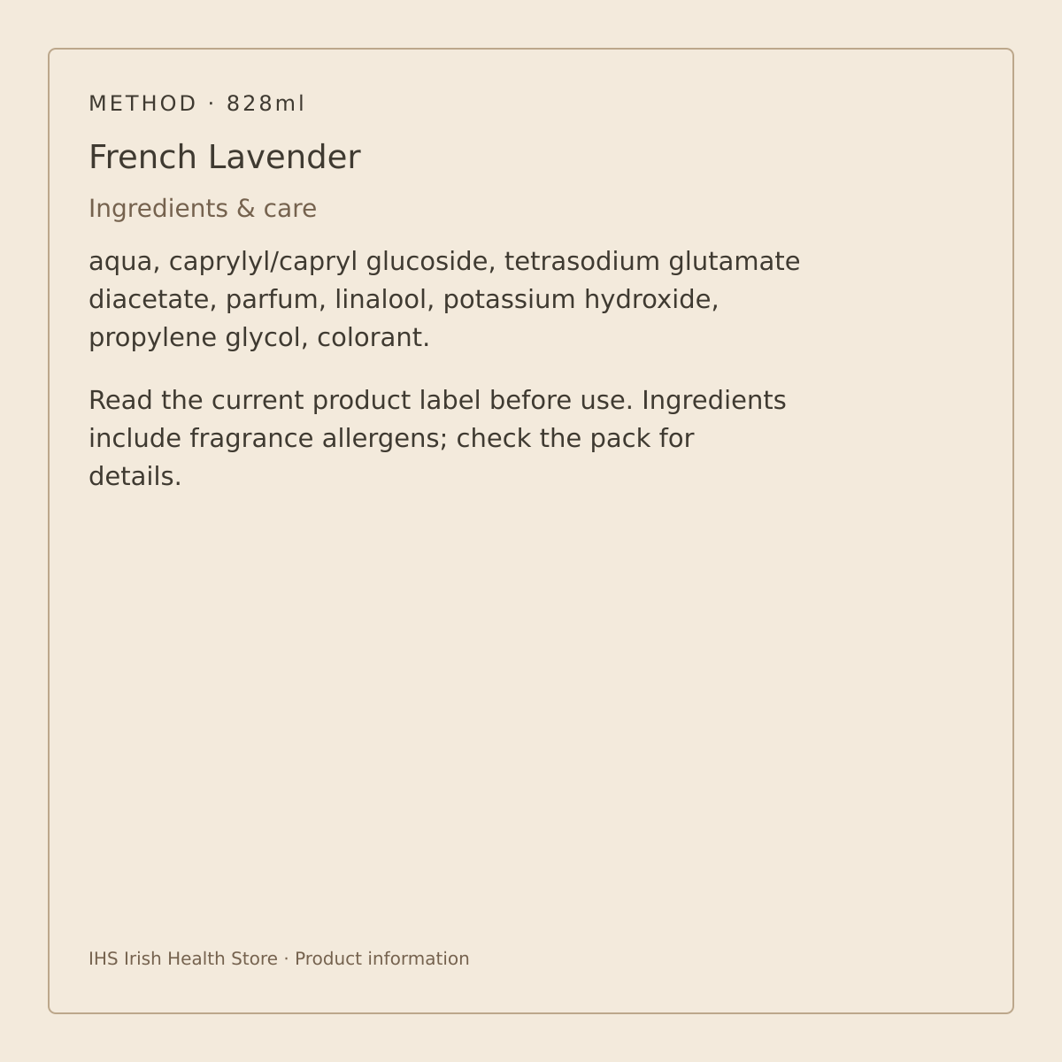 Method Multi-Surface Cleaner – French Lavender 828ml – ingredients and care information