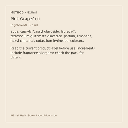 Method Multi-Surface Cleaner – Pink Grapefruit 828ml – ingredients and care information