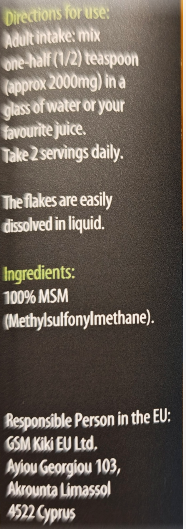 Product label with text on a dark background