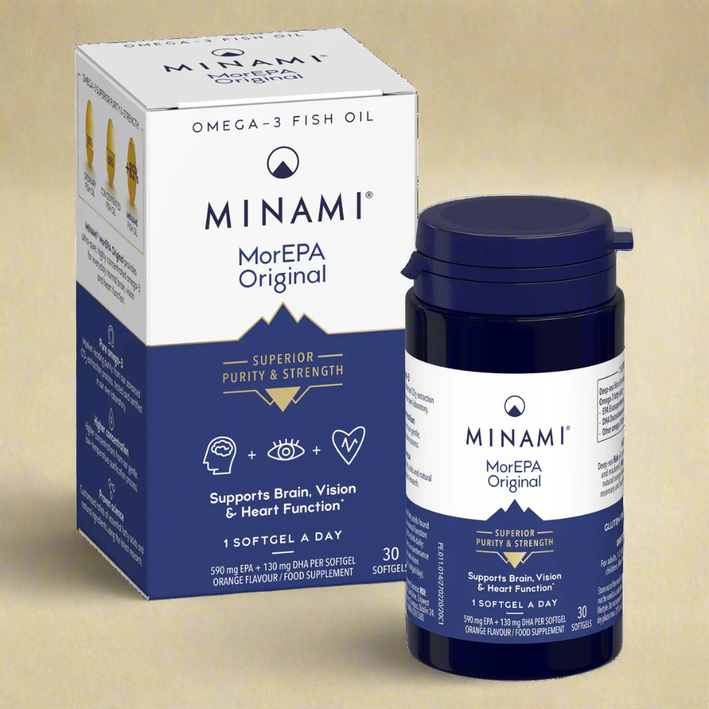 Front view of Minami MorEPA Original 30 Capsules box