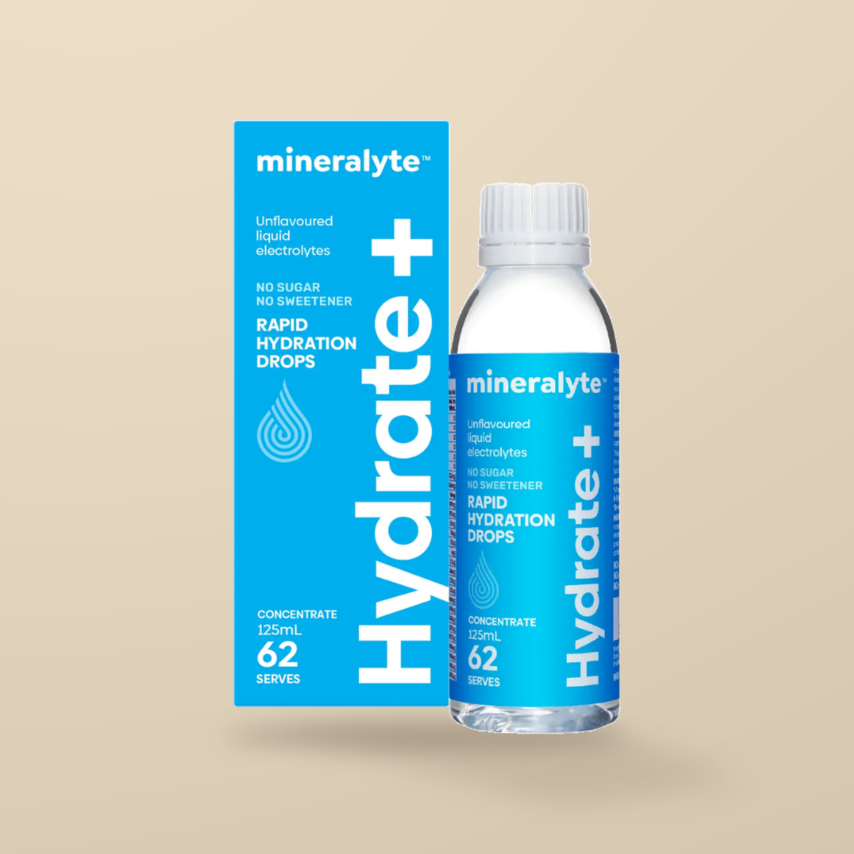 Mineralyte Hydrate+ Unflavoured Mineral Drops 125ml — original product packaging on warm beige background