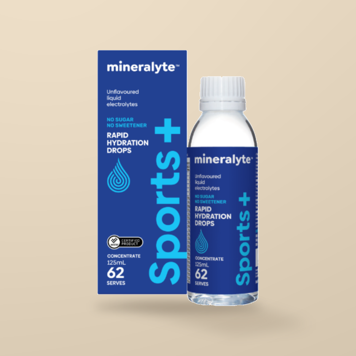Mineralyte Sports+ Unflavoured Mineral Drops 125ml — original product packaging on warm beige background