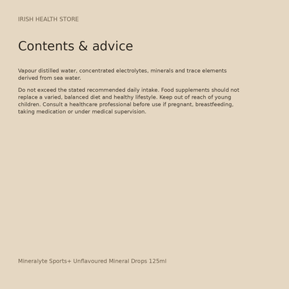 Mineralyte Sports+ Unflavoured Mineral Drops 125ml contents and advice
